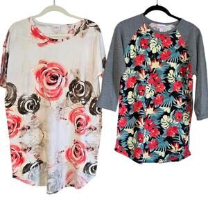 LuLaRoe Lot of 2 Soft Knit Floral & Tropical Print Tops Tunic + Baseball S/XS